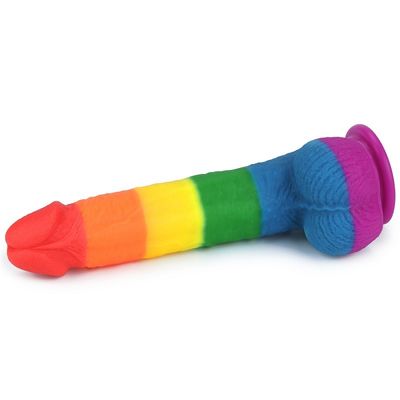 Silikon Cair 22.5cm Rainbow Dildo Sex Toy Penis Palsu Dengan Cangkir Hisap