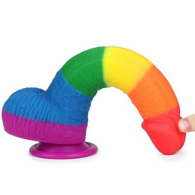 Silikon Cair 22.5cm Rainbow Dildo Sex Toy Penis Palsu Dengan Cangkir Hisap